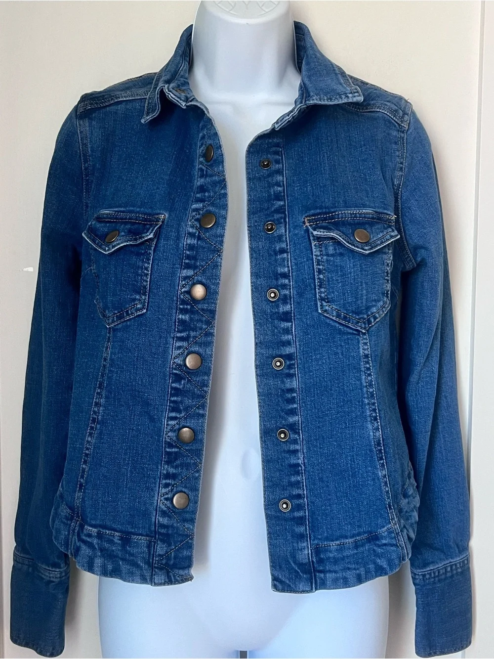Free People Denim Stretch Snap Front Blue Jean Boho Western Rodeo Jacket S - Picture 7 of 10